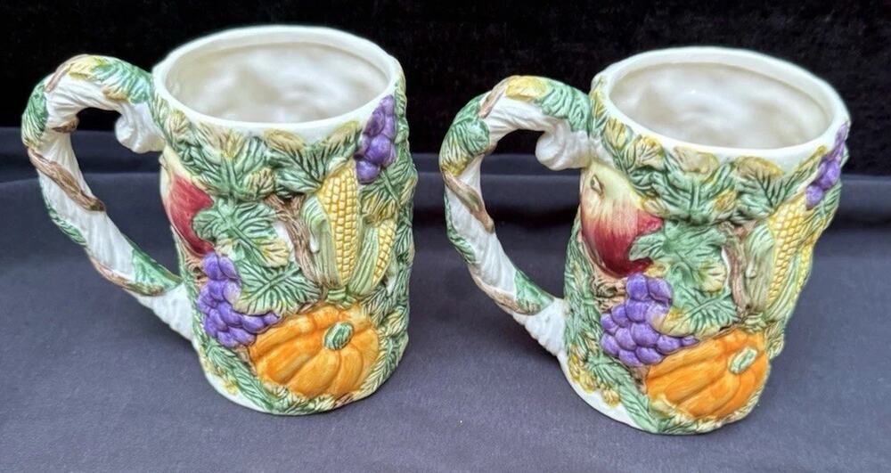 2 Fitz & Floyd Mugs 1993 Harvest Bounty Fall Autumn Cornucopia Thanksgiving